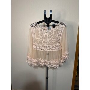 Pink Melo Womens Sheer Mesh Lace Overlay Top Blush Pink Floral Boho Size Large